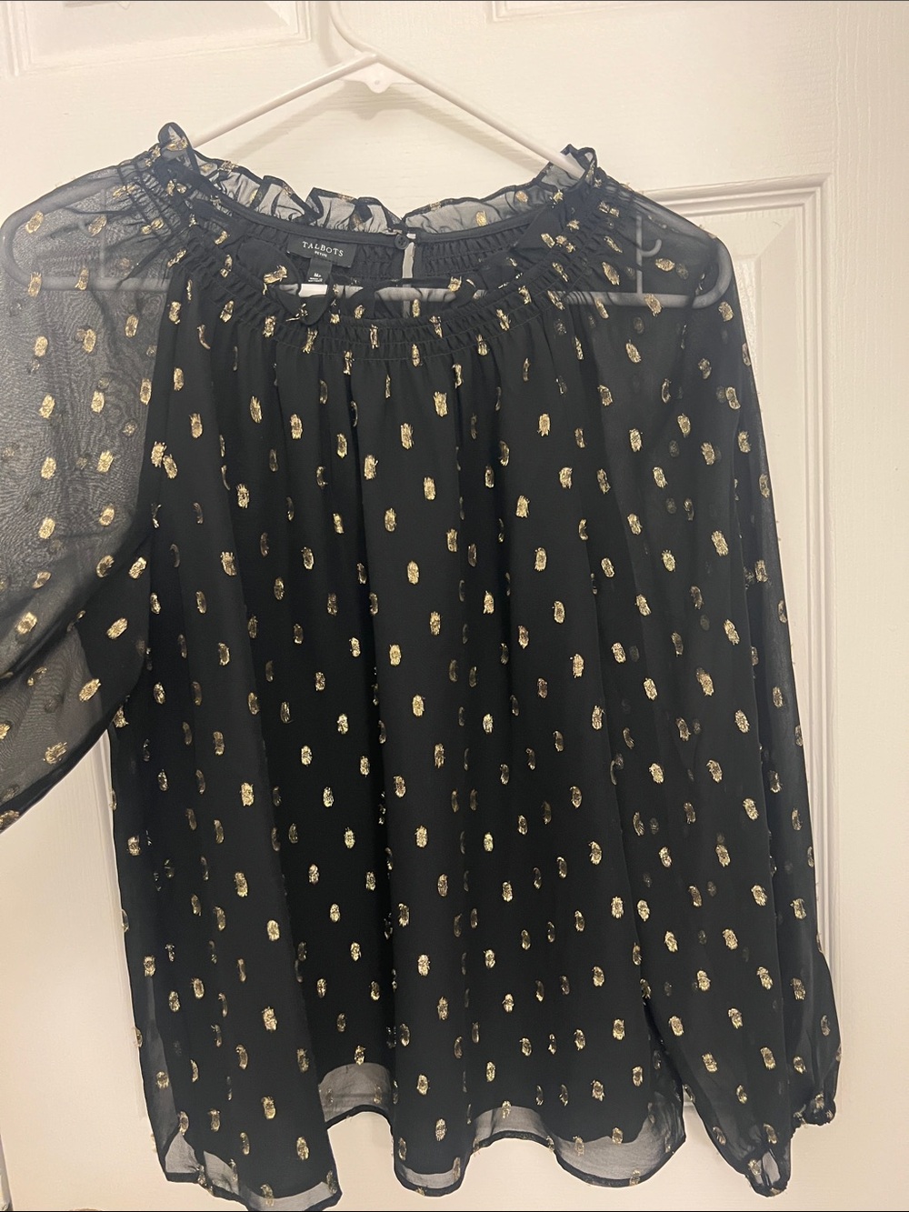 Talbots Black Sheer Blouse with Gold Metallic Dot Print